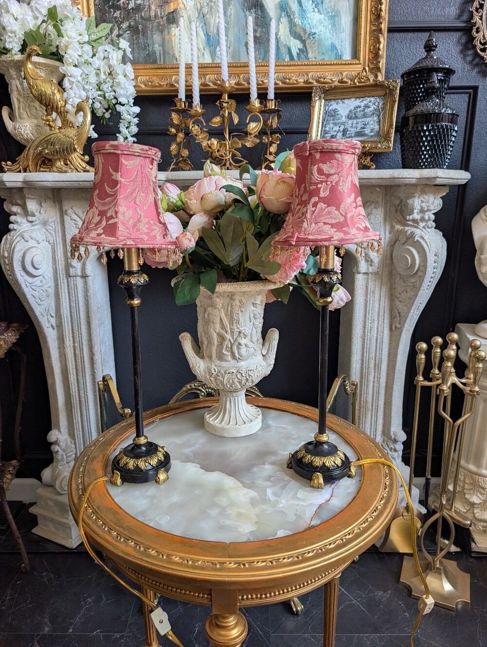 Vintage, Set of 2, Small Boudoir Lamps Pink Damask Shades Crystal Beads